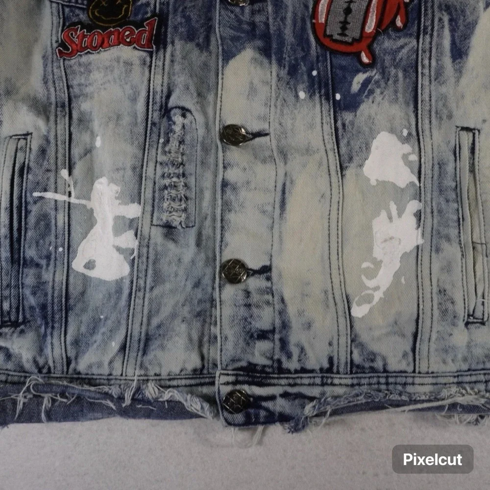 Imperious Denim Vest Men's Large Rolling Stones Patch Acid Wash Distressed Punk‎